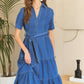 ADORA Tiered Button Down Tie Waist Short Sleeve Denim Dress