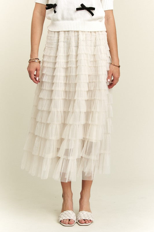 ADORA Elastic Waist Layered Mesh Midi Skirt