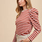 Annie Wear Striped Round Neck Puff Sleeve French Terry Top