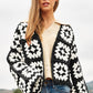 Two-Tone Floral Square Crochet Open Knit Cardigan