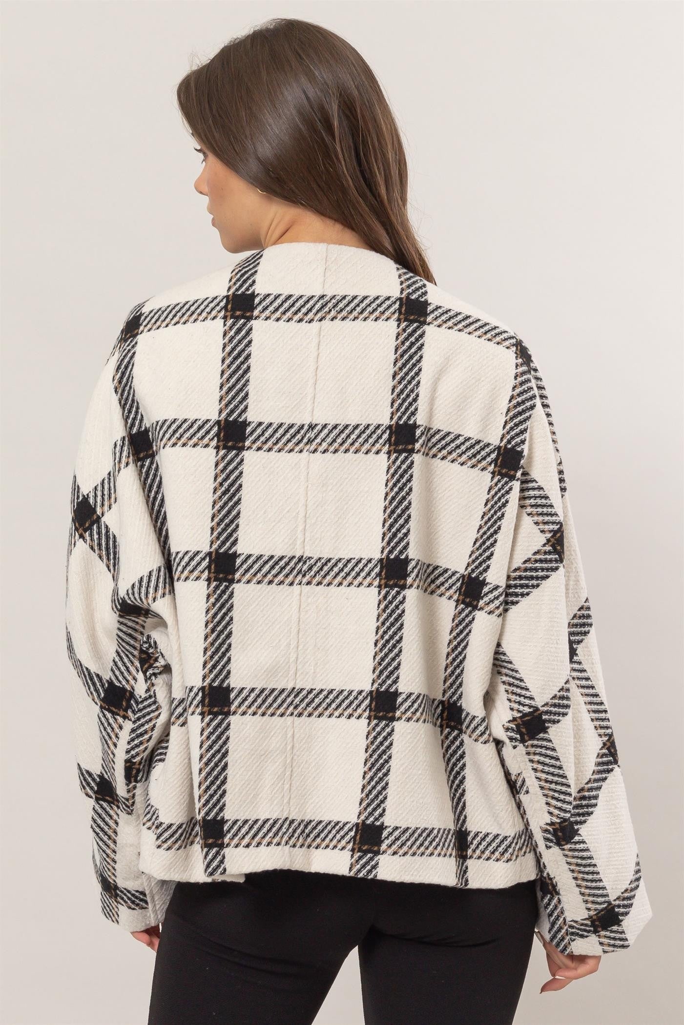 HYFVE Plaid Long Sleeve Cardigan with Side Slit Pockets