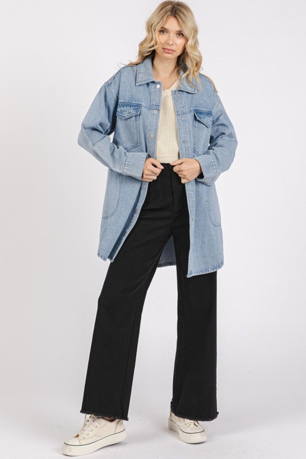 Mittoshop Light Wash Patch Pocket Longline Denim Jacket