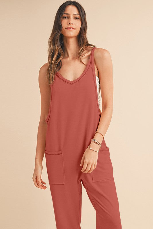 Side Pockets Pants Sleeveless V Neck Jumpsuit