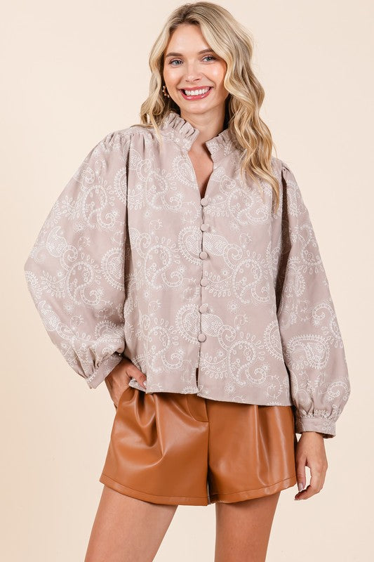 Plus Paisley Eyelet Laced Button-Up Blouse