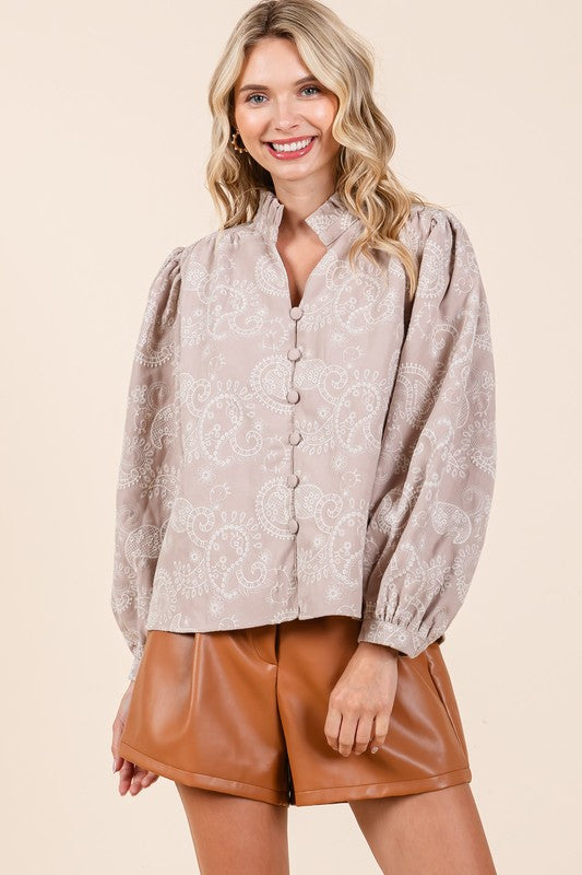 Plus Paisley Eyelet Laced Button-Up Blouse