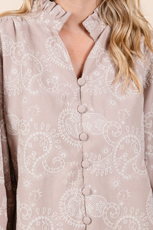 Paisley Eyelet Laced Button-Up Blouse