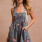 BiBi Flower Printed Wide Strap Denim Overalls