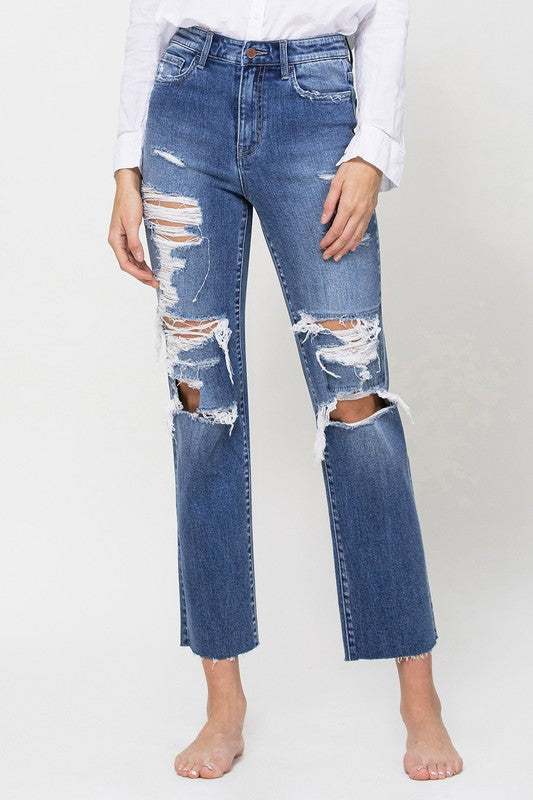 Distressed High Rise Ankle Relaxed Straight Jeans