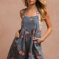 BiBi Flower Printed Wide Strap Denim Overalls