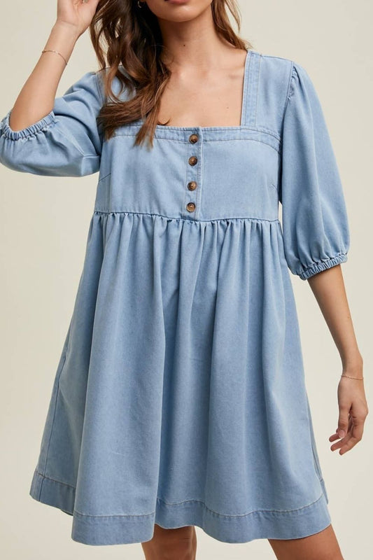 Square Neck Half Sleeve Denim Dress