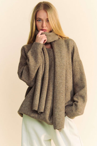 Davi & Dani V-Neck Dropped Shoulder Sweater with Scarf