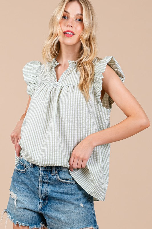 Ces Femme Plaid Notched Ruffled Cap Sleeve Blouse