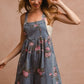 BiBi Flower Printed Wide Strap Denim Overalls