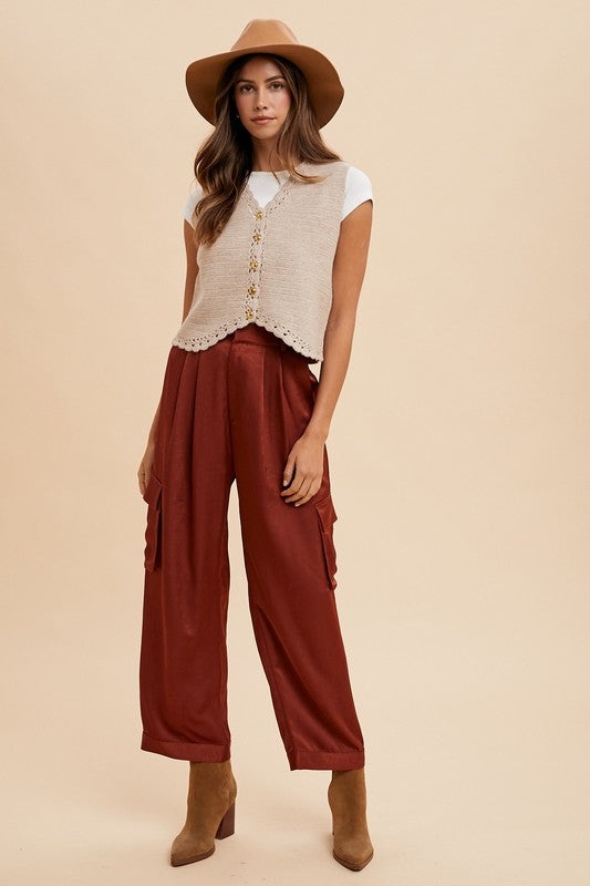 Annie Wear Wide Leg Cargo Satin Pants