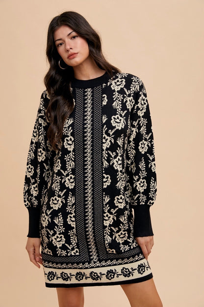 Annie Wear Floral Jacquard Round Neck Sweater Dress