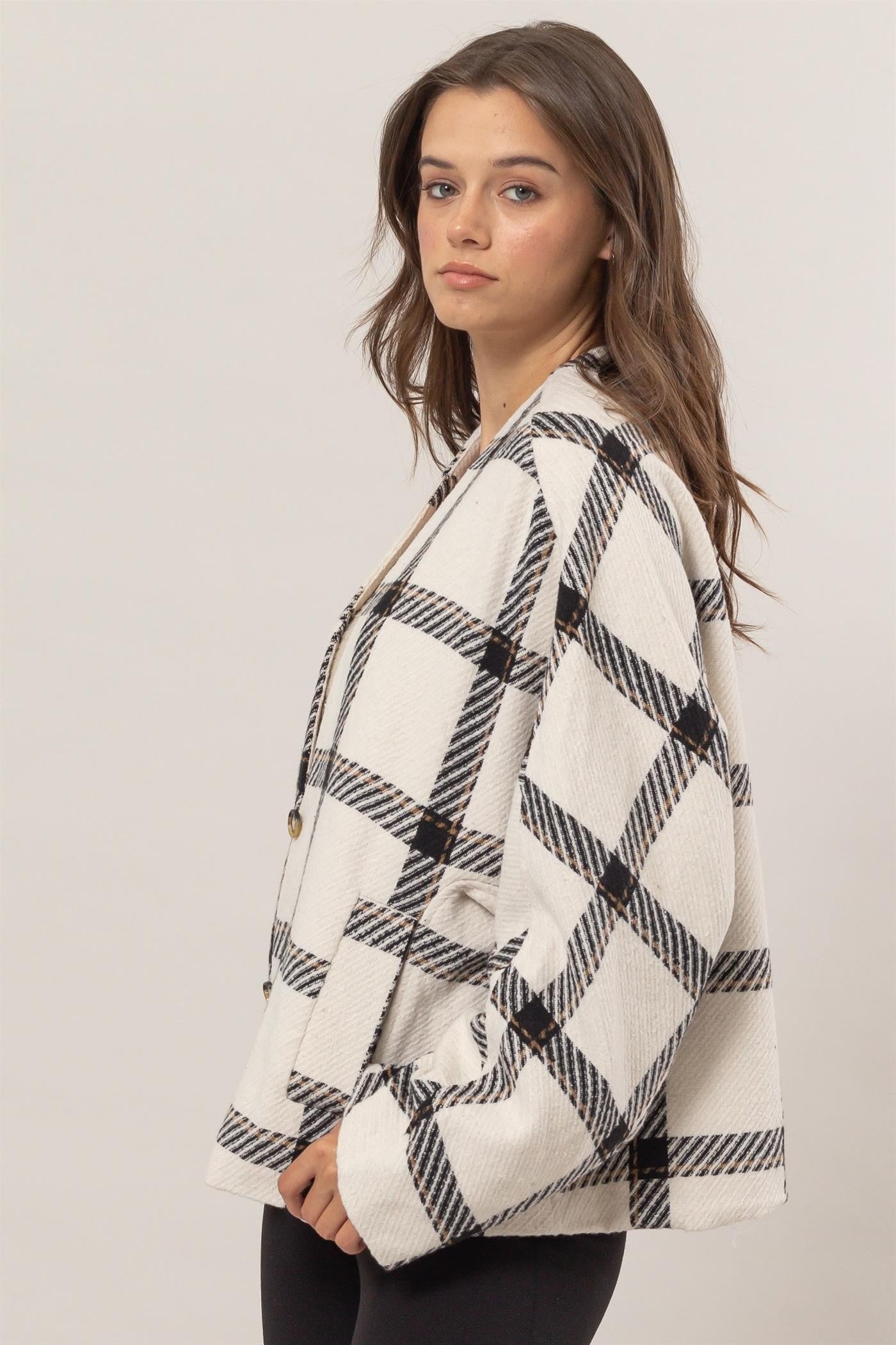 HYFVE Plaid Long Sleeve Cardigan with Side Slit Pockets