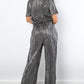 Be Stage Surplice Short Sleeve Pleated Foil Jumpsuit