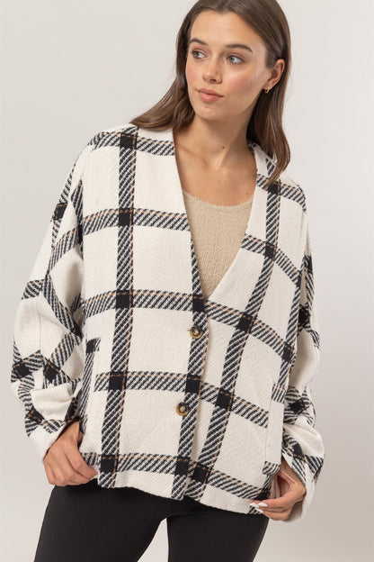 HYFVE Plaid Long Sleeve Cardigan with Side Slit Pockets