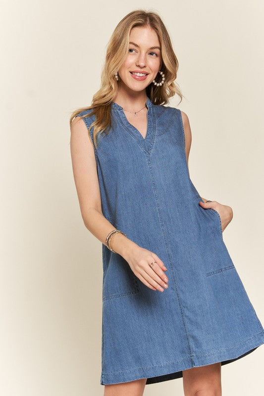 ADORA Notched Sleeveless Denim Dress with Pockets