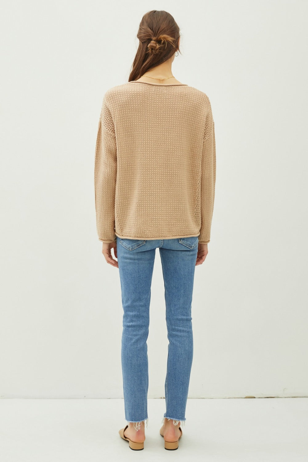 Be Cool Rolled Openwork Round Neck Sweater