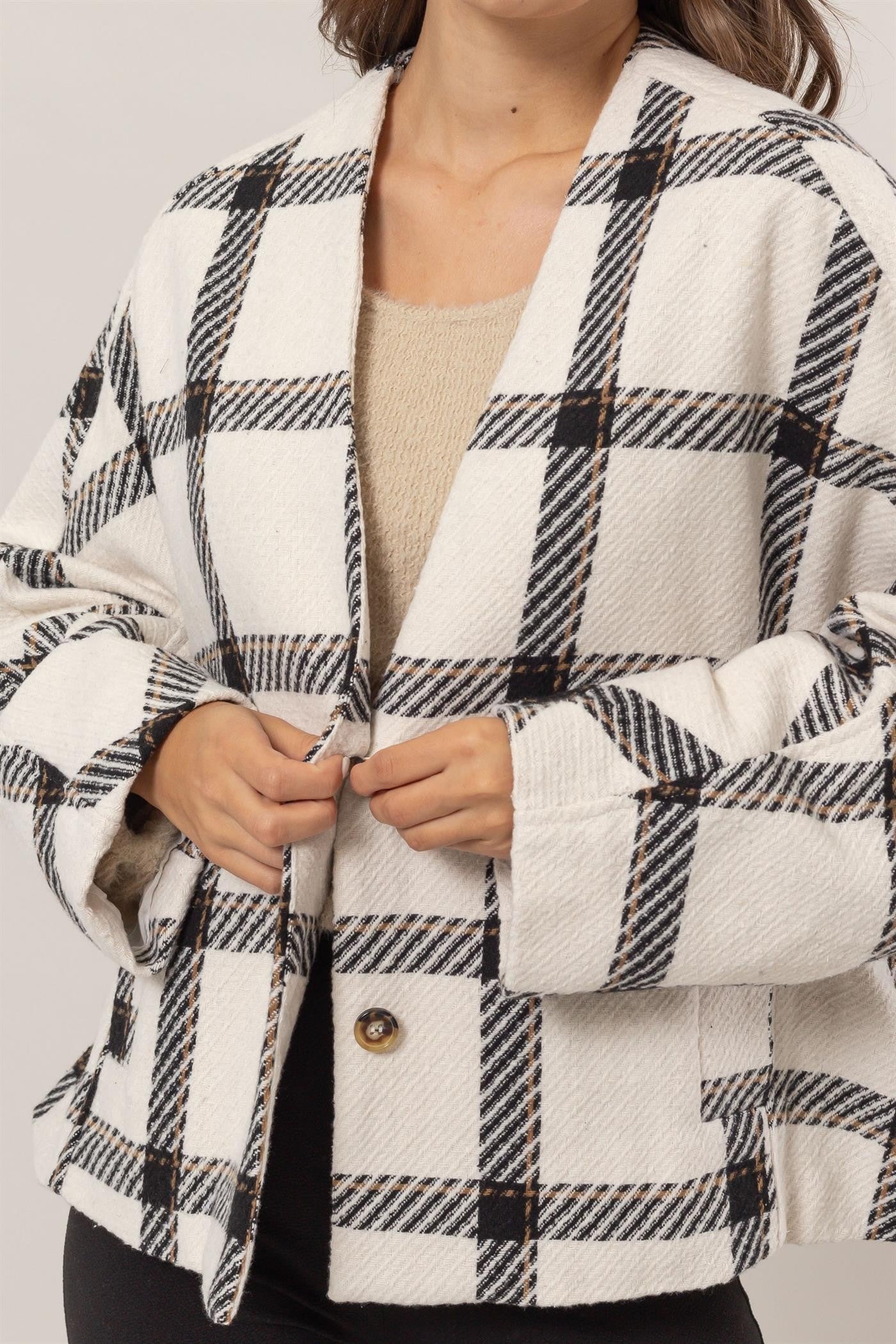 HYFVE Plaid Long Sleeve Cardigan with Side Slit Pockets