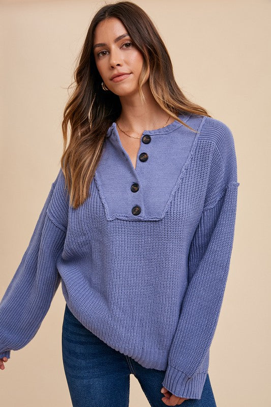 Annie Wear Half Button Ribbed Hem Sweater