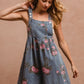 BiBi Flower Printed Wide Strap Denim Overalls