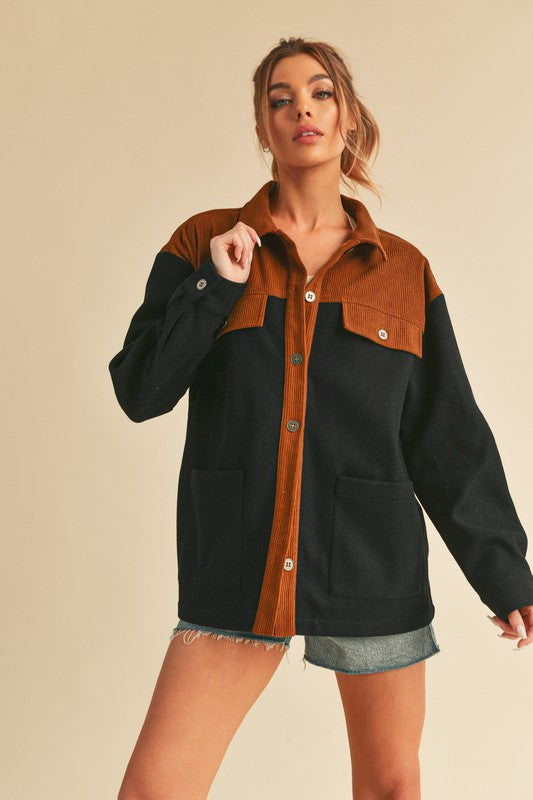 Aemi + Co Two Tone Button Up Shacket with Pockets