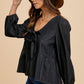 Annie Wear Tie Front Peplum Long Sleeve Denim Top