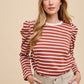 Annie Wear Striped Round Neck Puff Sleeve French Terry Top