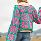 Two-Tone Floral Square Crochet Open Knit Cardigan