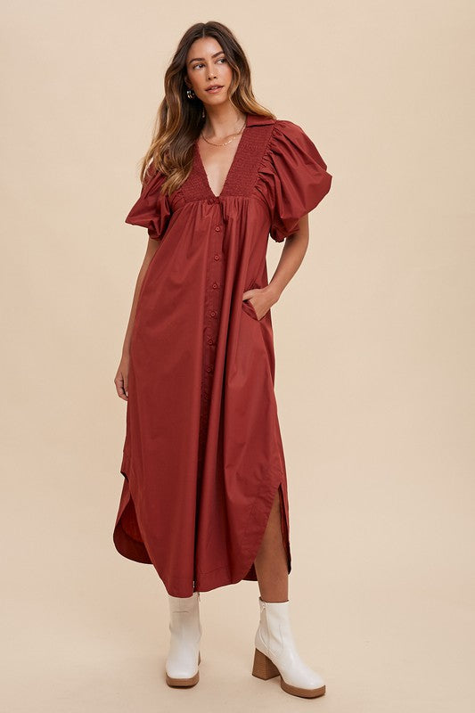 Annie Wear Smocked Puff Sleeve Midi Dress