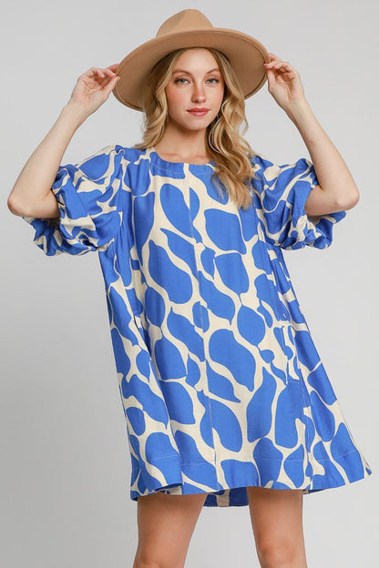 Umgee Two Tone Abstract Print Puff Sleeve Dress