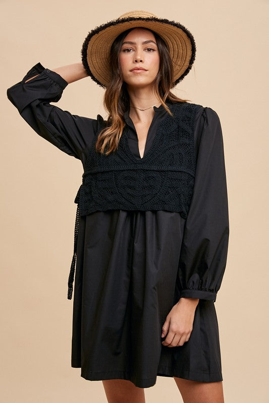 Annie Wear Crochet Vest Notched Long Sleeve Shirt Dress