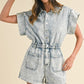 Annie Wear Elastic Waistband Short Sleeve Denim Romper