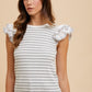 Annie Wear Ruffled Striped Round Neck Cap Sleeve Knit Top