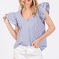 Ces Femme Striped V-Neck Ruffled Cap Sleeve Blouse