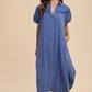 Annie Wear Mineral Washed Button Down Puff Sleeve Shirt Dress