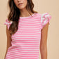 Annie Wear Ruffled Striped Round Neck Cap Sleeve Knit Top