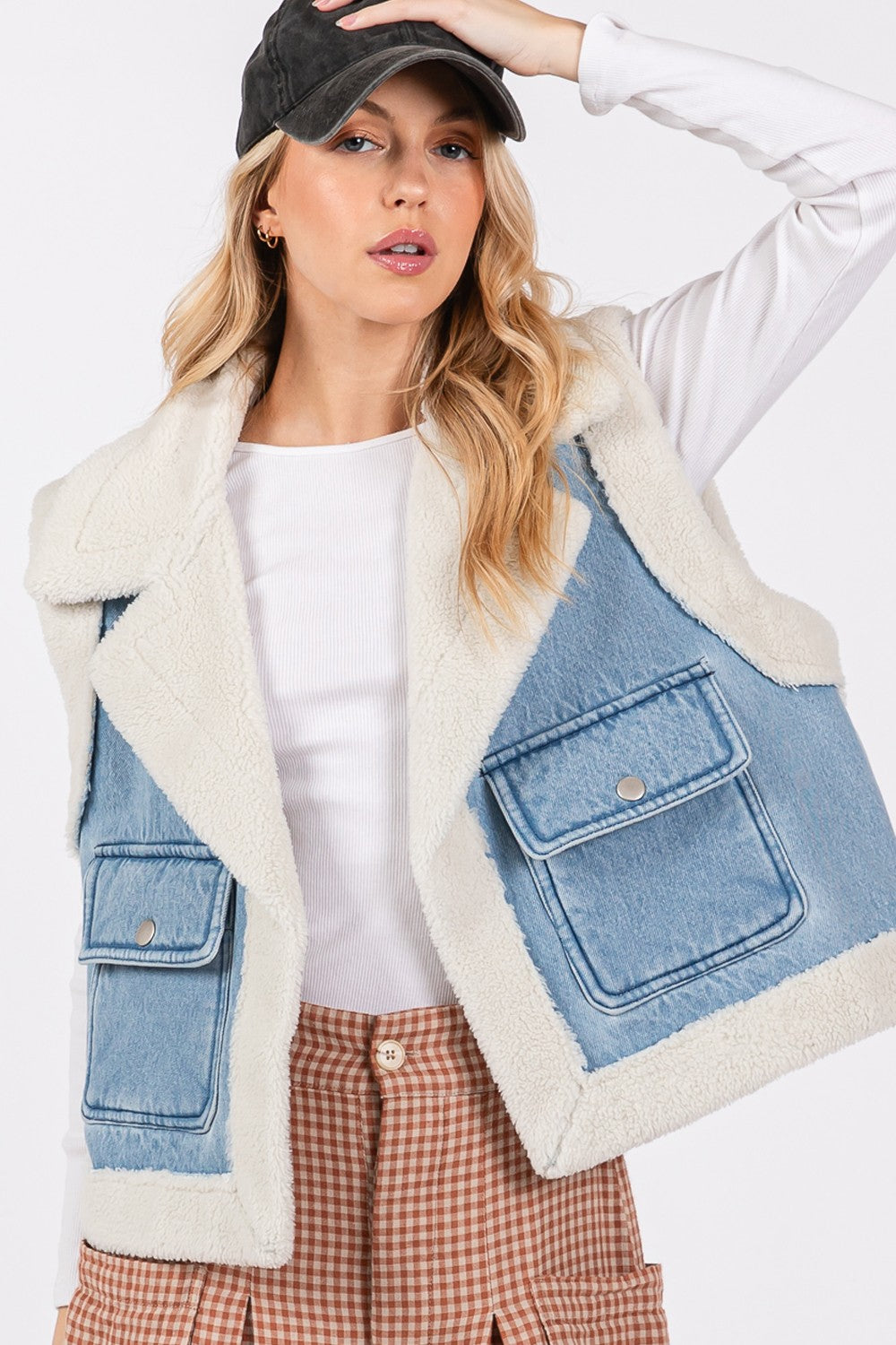 SAGE + FIG Pocketed Collared Neck Sherpa Vest