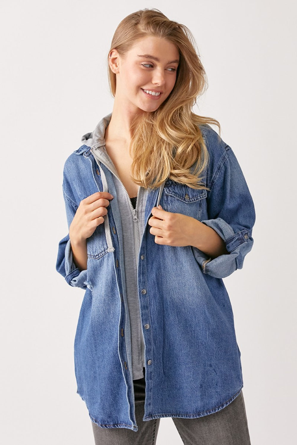 RISEN Zip Up Hooded Denim Shacket