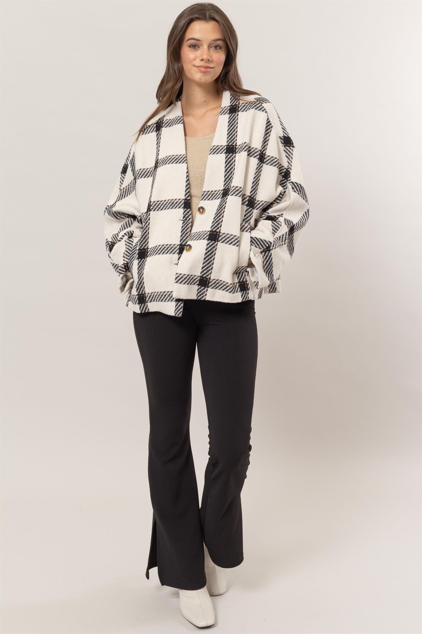 HYFVE Plaid Long Sleeve Cardigan with Side Slit Pockets