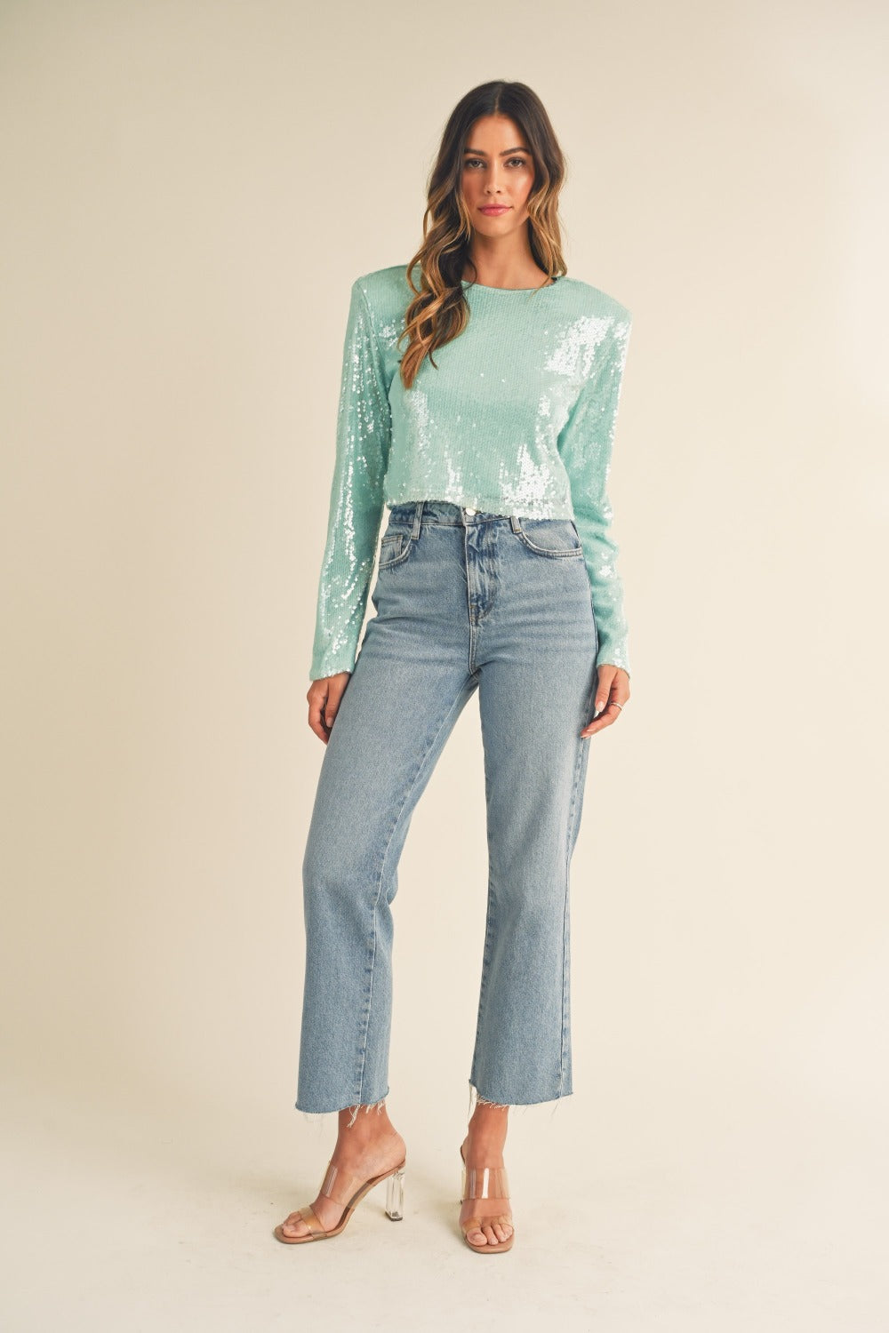 MABLE Shoulder Padded Sequin Crop Top