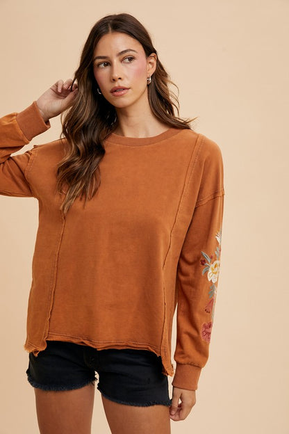 Annie Wear Embroidered Long Sleeve French Terry Top