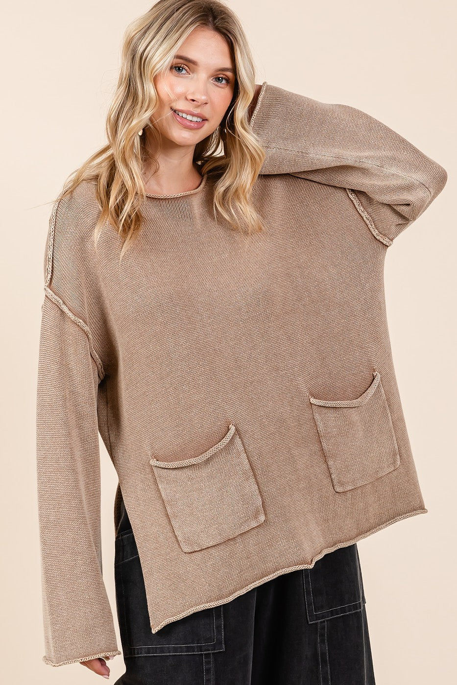 Mittoshop Mineral Wash Patch Pocket Cut Edge Sweater