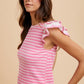 Annie Wear Ruffled Striped Round Neck Cap Sleeve Knit Top