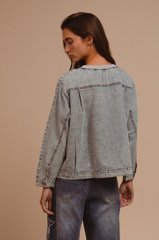 BiBi Mineral Washed Checkered Round Neck Denim Top