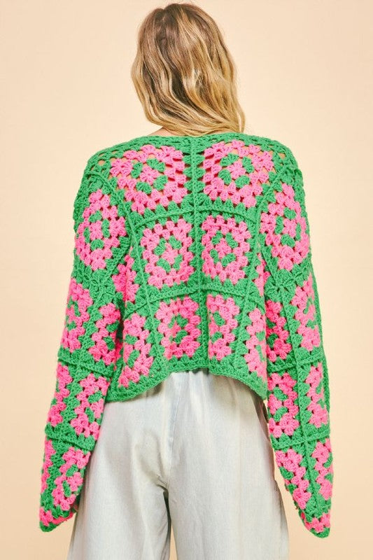 Davi & Dani Full Size Two Tone Flower Square Crochet Open Front Cardigan