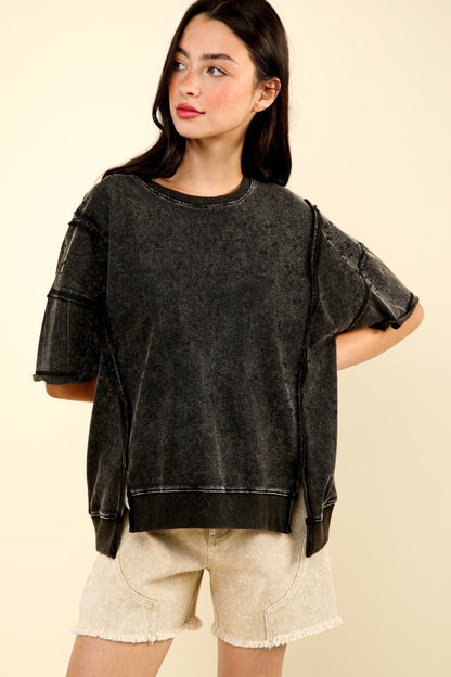 VERY J Round Neck Exposed Seam Slit T-Shirt