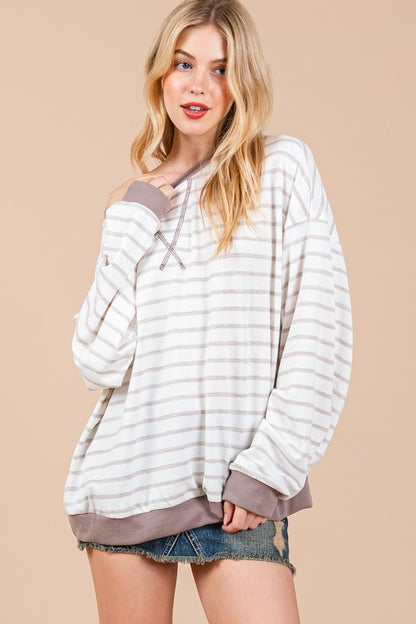 Ces Femme Striped Round Neck Drop Shoulder Sweatshirt